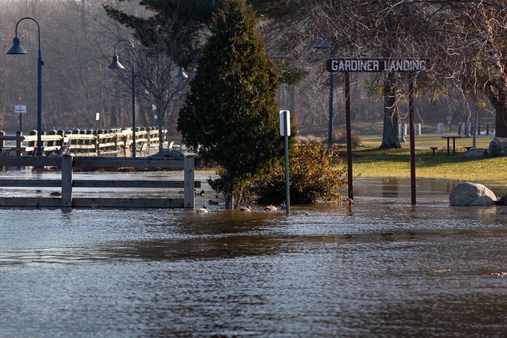 High waters at a flooded waterfront